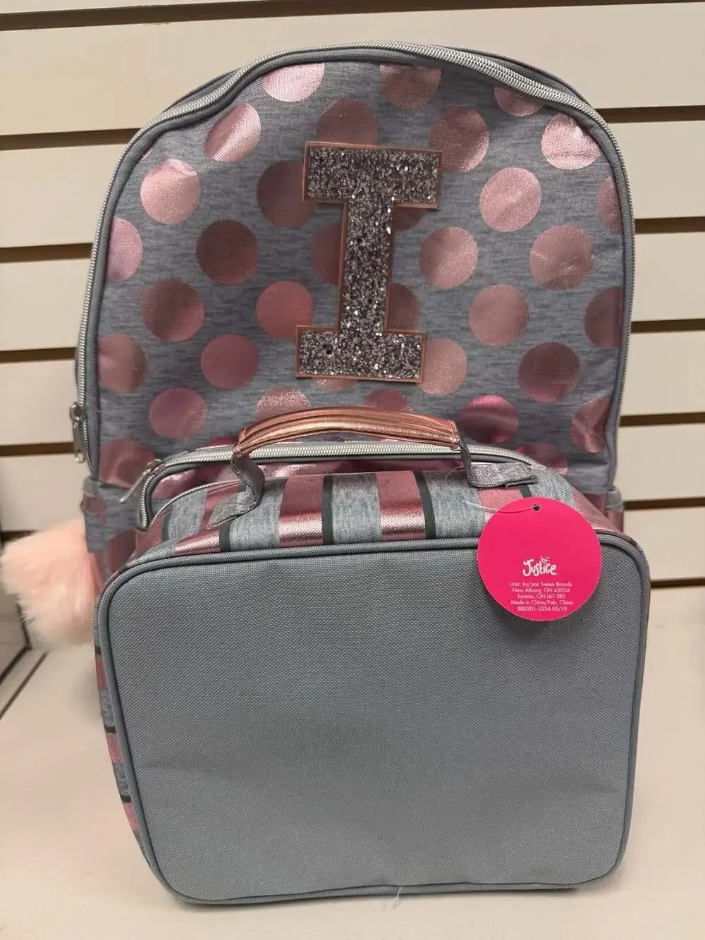 Justice  Rose Gold Foil Polka Dot Initial I Backpack  & Lunch Tote NEW